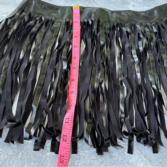 3 pc.  EDM Dance Faux Leather Neon Black Fringe Skirt bikini Top Sleeve Sz S Set - Picture 6 of 9